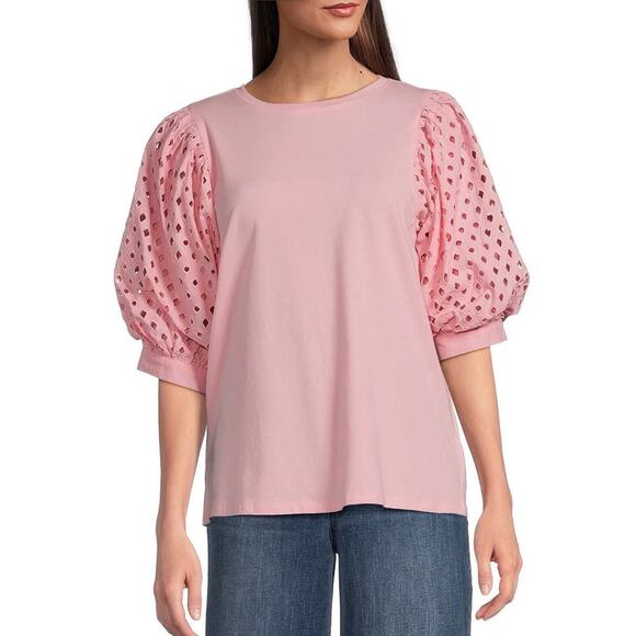 Gibson Latimer Stretch Knit Eyelet Puff Sleeve Crewneck T-Shirt Pastel Pink Med - Picture 1 of 12